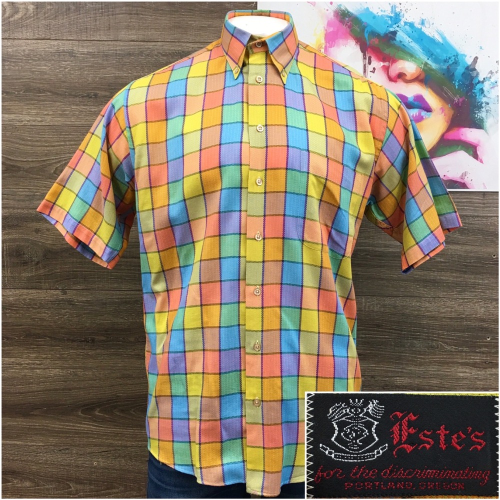 VINTAGE Estes Mens Plaid Button Down Short Sleeve Shirt Multicolor Medium